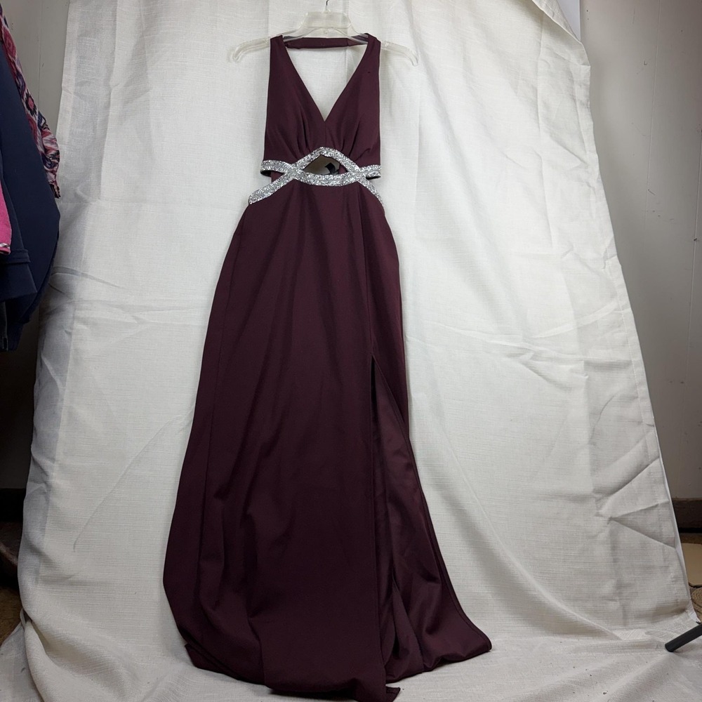 Halter Cut Out Dress Juniors 7 Burgundy Red Rhinestone Maxi Prom Formal Gown